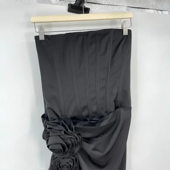 NBDNWT Jake Gown in Black Satin Strapless Corset Maxi Dress Rosette XS
